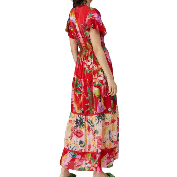 HP 🥳 Farm Rio x Anthropologie XS 0/2 Macaw Red Yellow Floral Tropical Maxi Dress - Picture 2 of 11